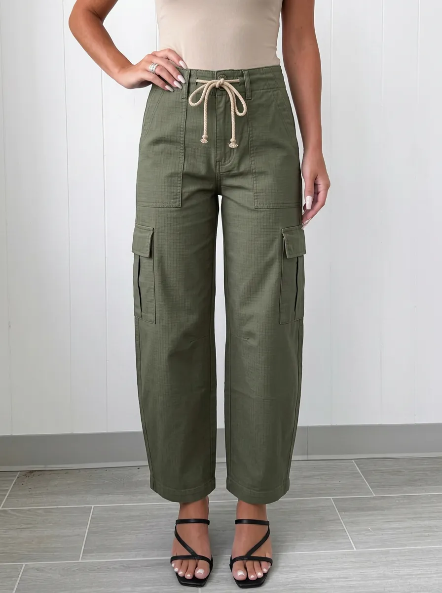 Women's Casual Olive Green Drawstring Utility Cargo Pants