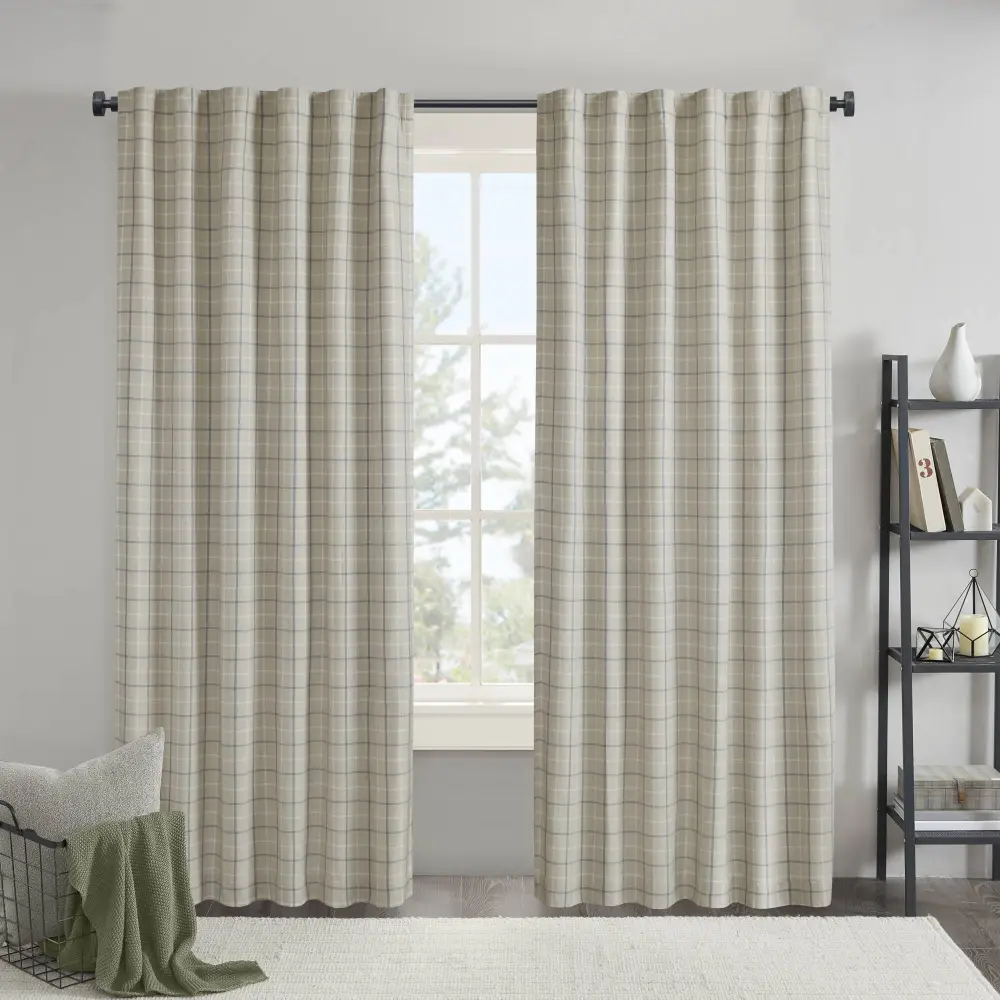 Textured Light Filtering Polyester Plaid Back-Tab Curtain Panel