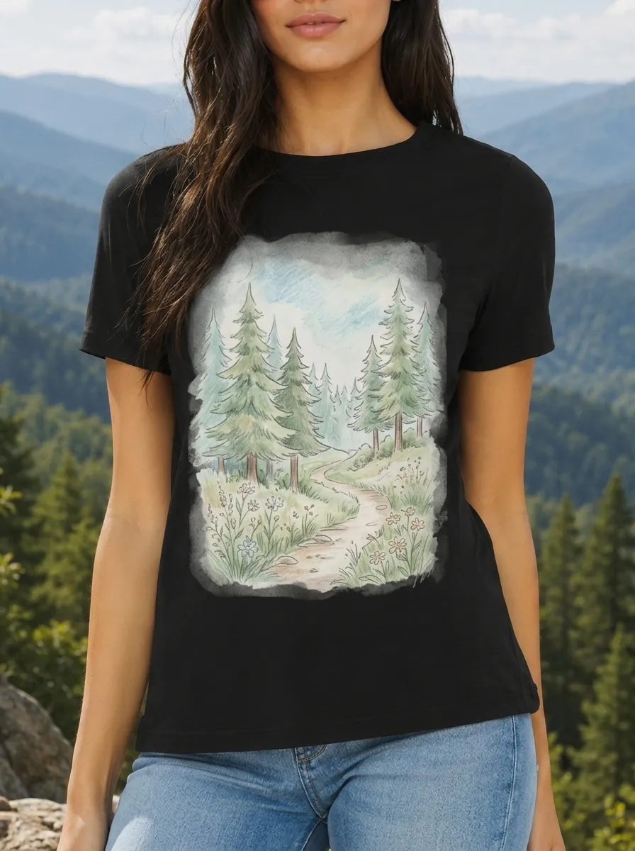 Women's Nature Lover Forest Path Watercolor Printed T-shirt