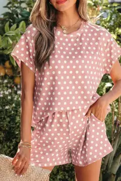 Pocketed Polka-Dot Tee and Shorts Matching Set