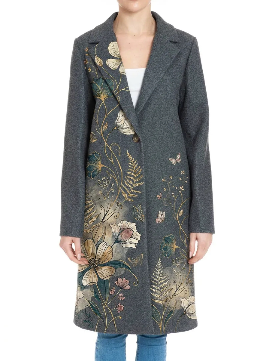 Women's Botanical Nature Lover Floral Butterfly Printed Wool Coat