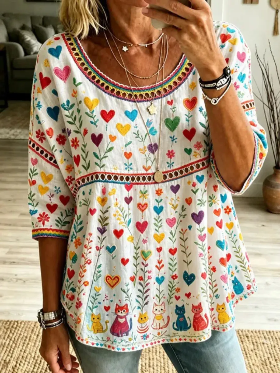 Women'S Casual Cotton Linen Cat Floral Printed Top