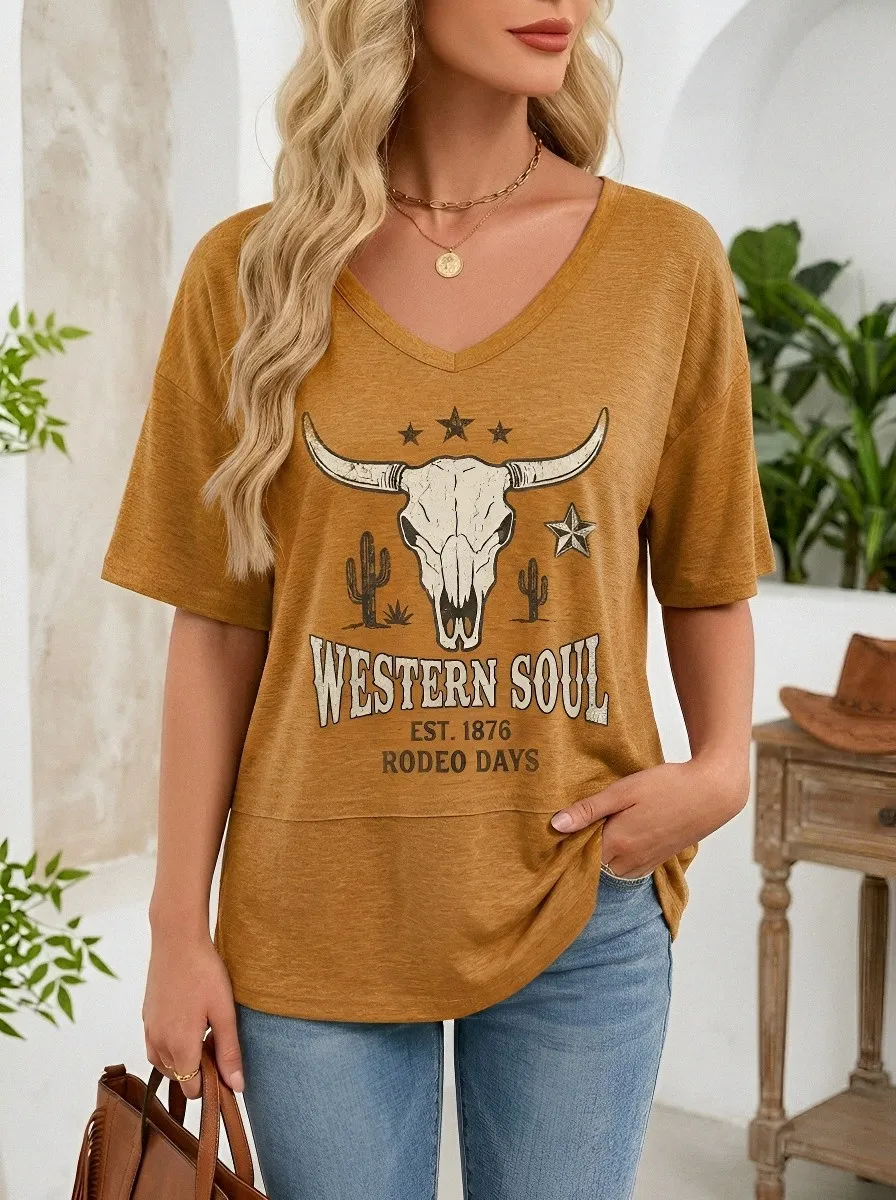 Women's Western Soul Cow Skull Cactus Printed V-Neck T-Shirt