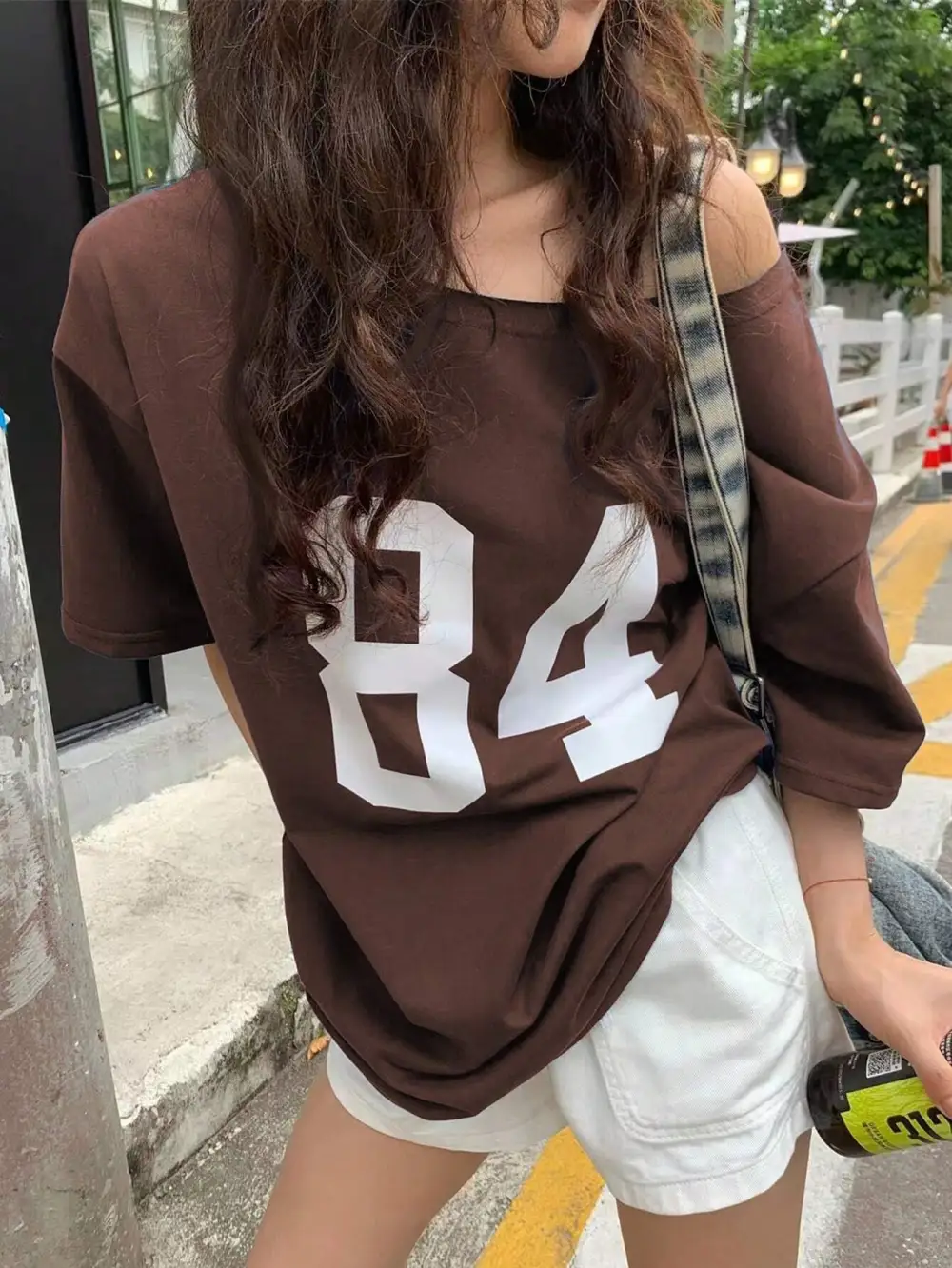 Women Brown Number 84 Off Shoulder Relaxed Fit T-Shirt
