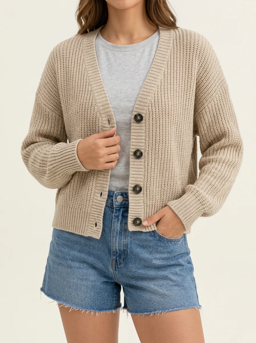 Women's Ribbed Knit Button Front V Neck Cardigan