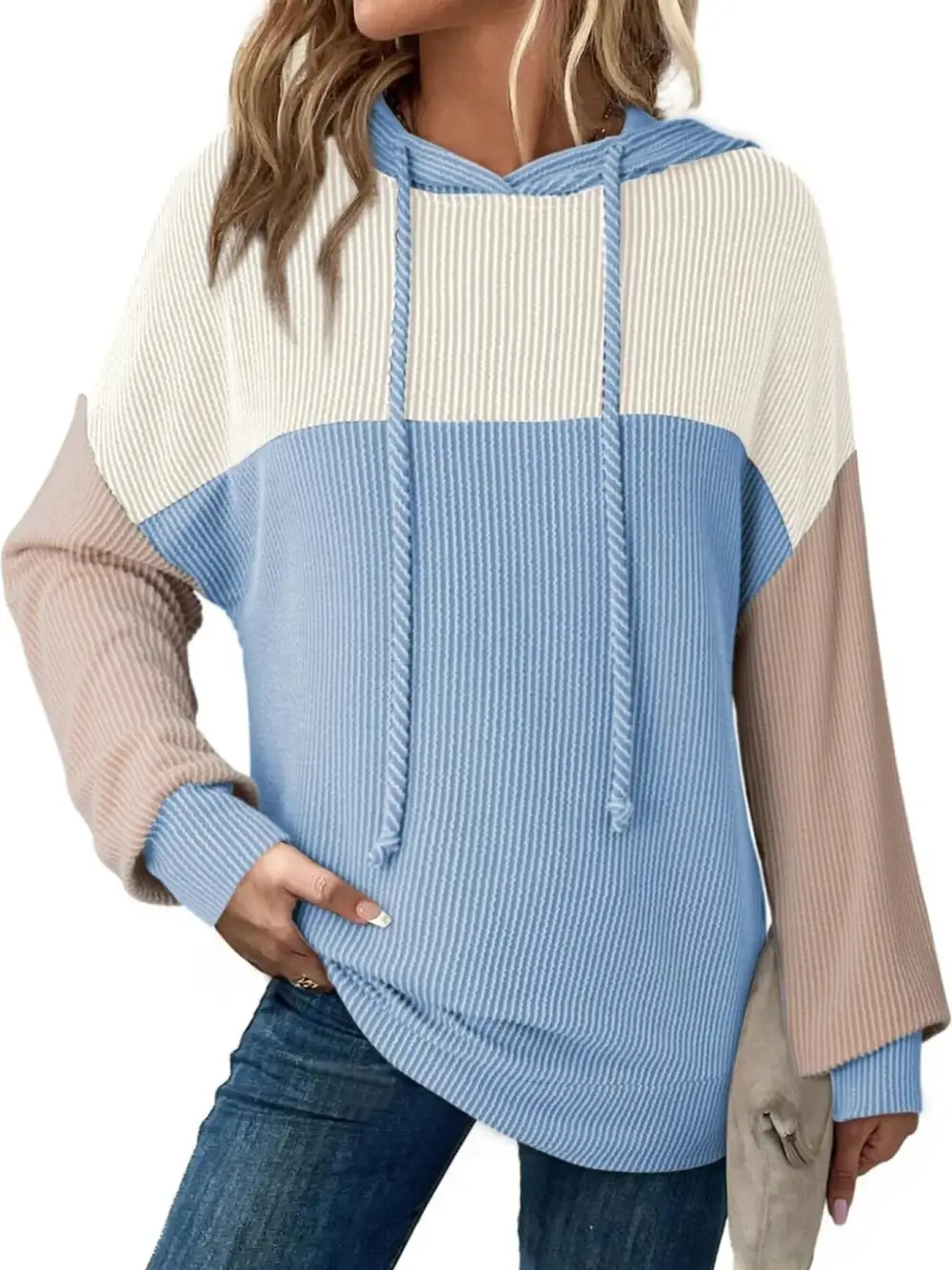 Relaxed Drawstring Long-Sleeve Colorblock Hoodie
