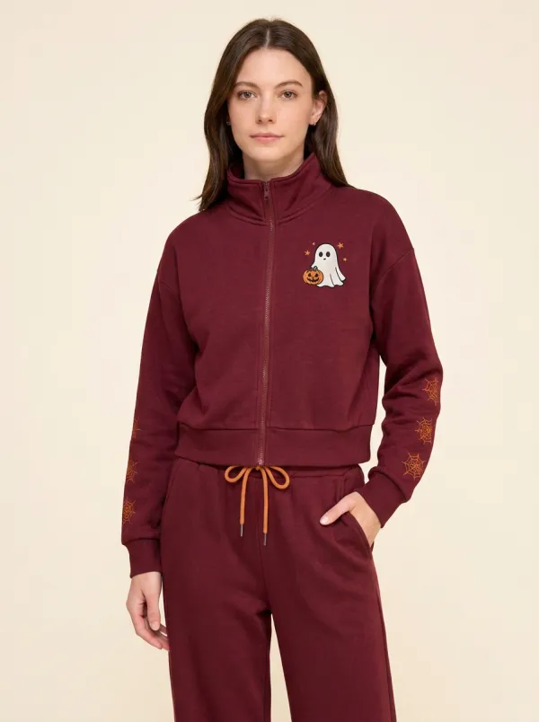 Women's Halloween Ghost Pumpkin Printed Zip-up Tracksuit
