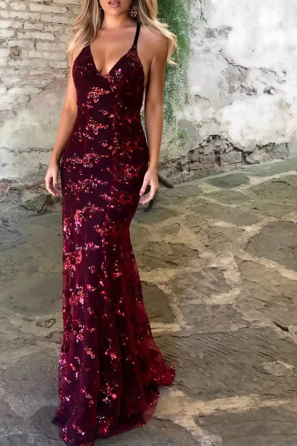 Full Size Sequin Tie Back V Neck Maxi Dress Plus Size