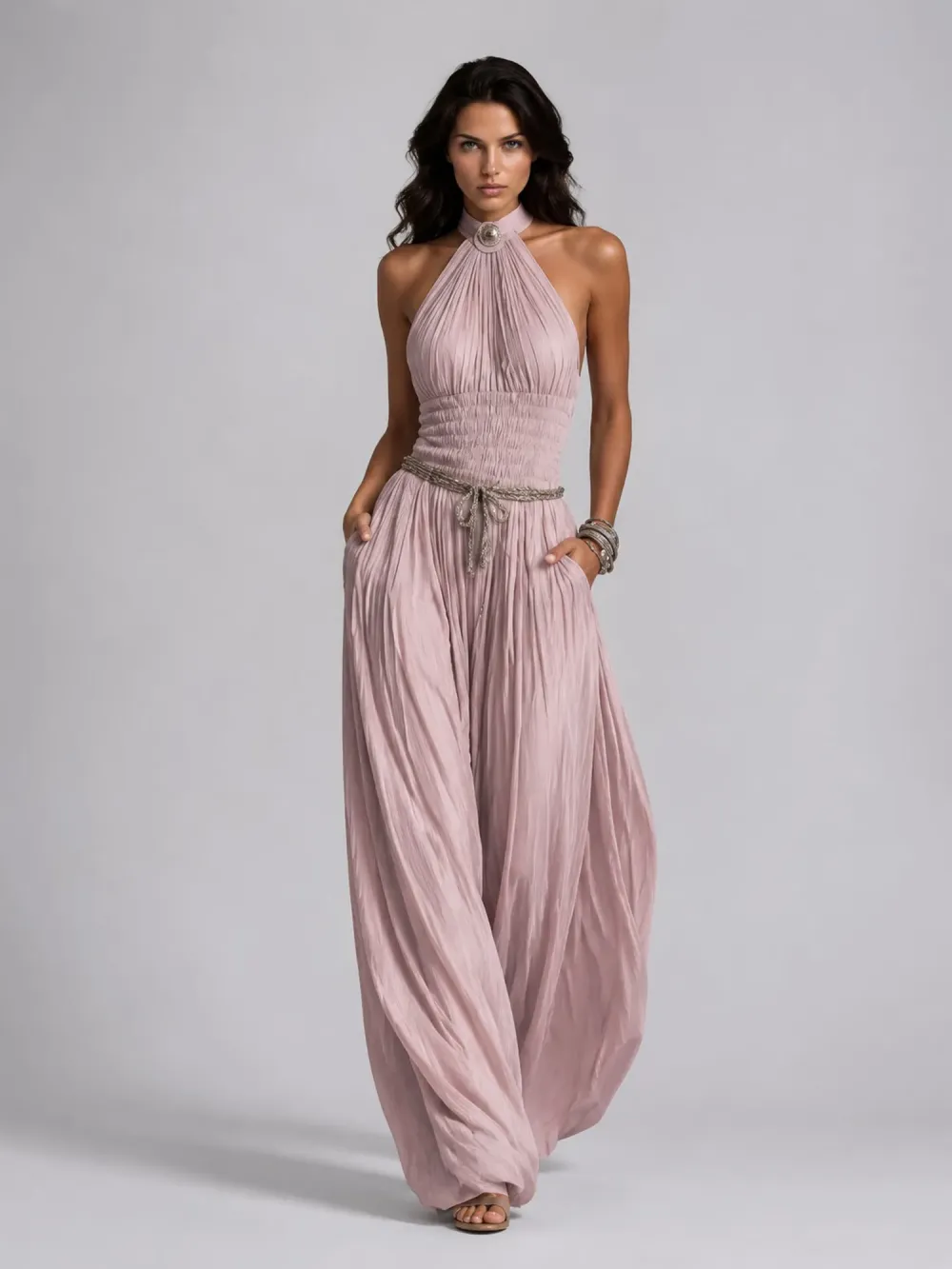 Taylor Pleated Halter-Neck Wide-Leg Jumpsuit