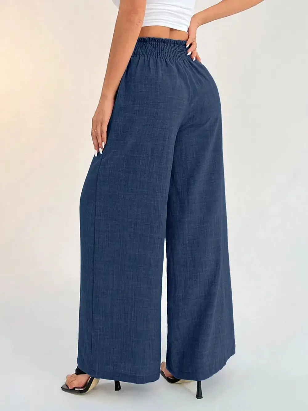 Wide Leg Elastic Waist Smocked Waist Casual Pants