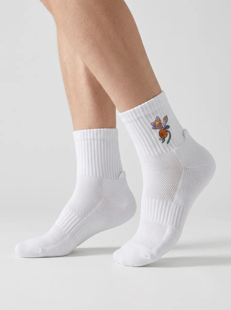 White Floral Graphic Athletic Ankle Socks