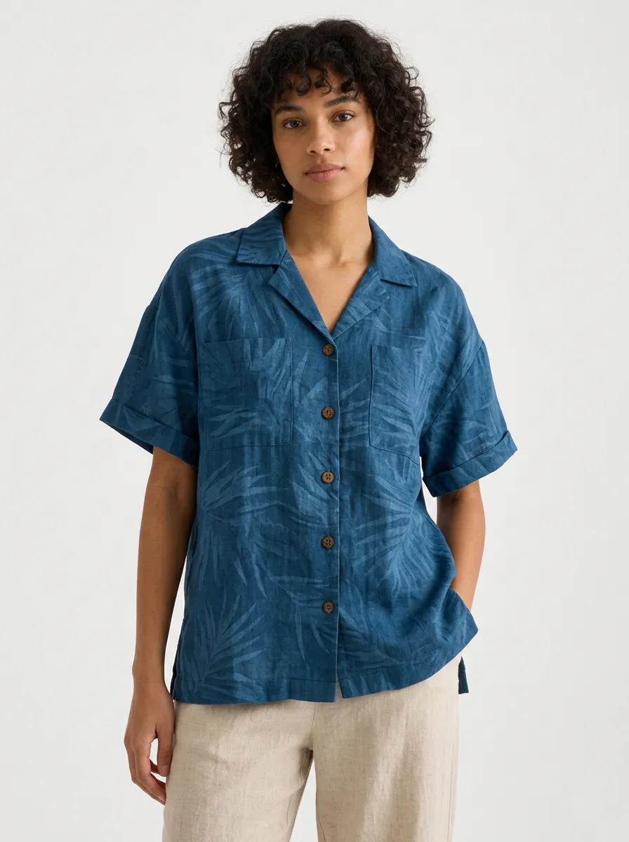 Women's Tropical Palm Leaf Blue Printed Button Down Shirt