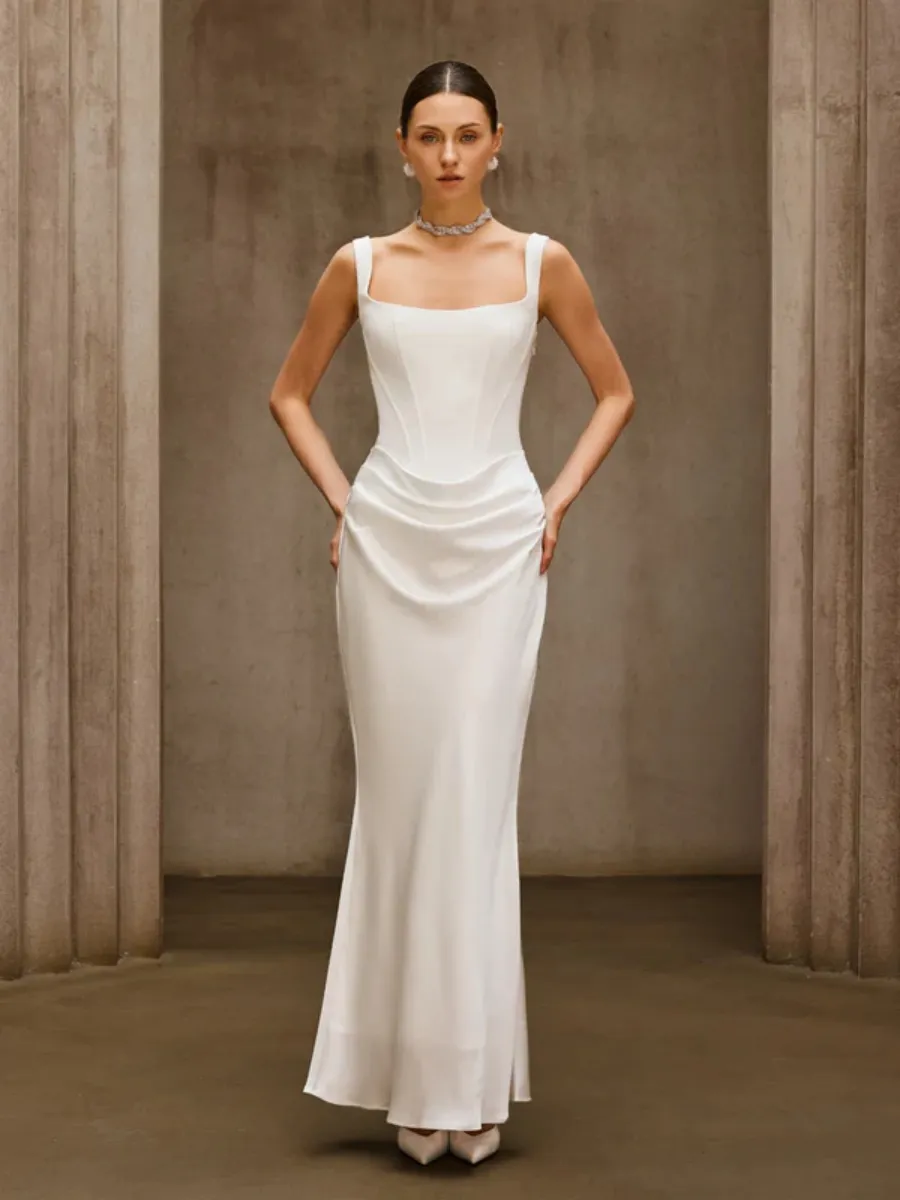 Brianna  Corset-Style Satin Draped Maxi Dress in  White