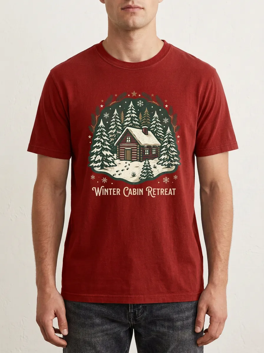 Men's Christmas Winter Cabin Retreat Snowy Forest Printed T-Shirt