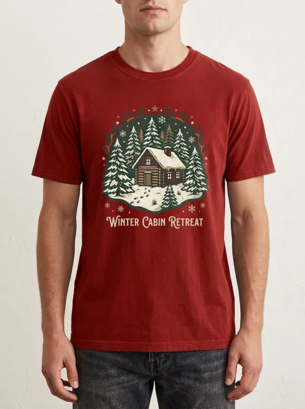 Men's Christmas Winter Cabin Retreat Snowy Forest Printed T-Shirt