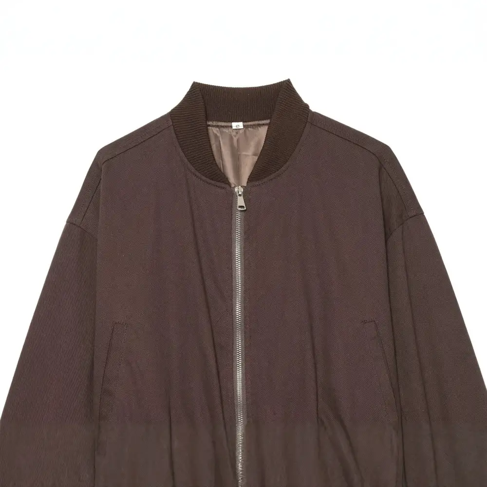 Cropped Oversized Zip Front Ribbed Trim Bomber Jacket