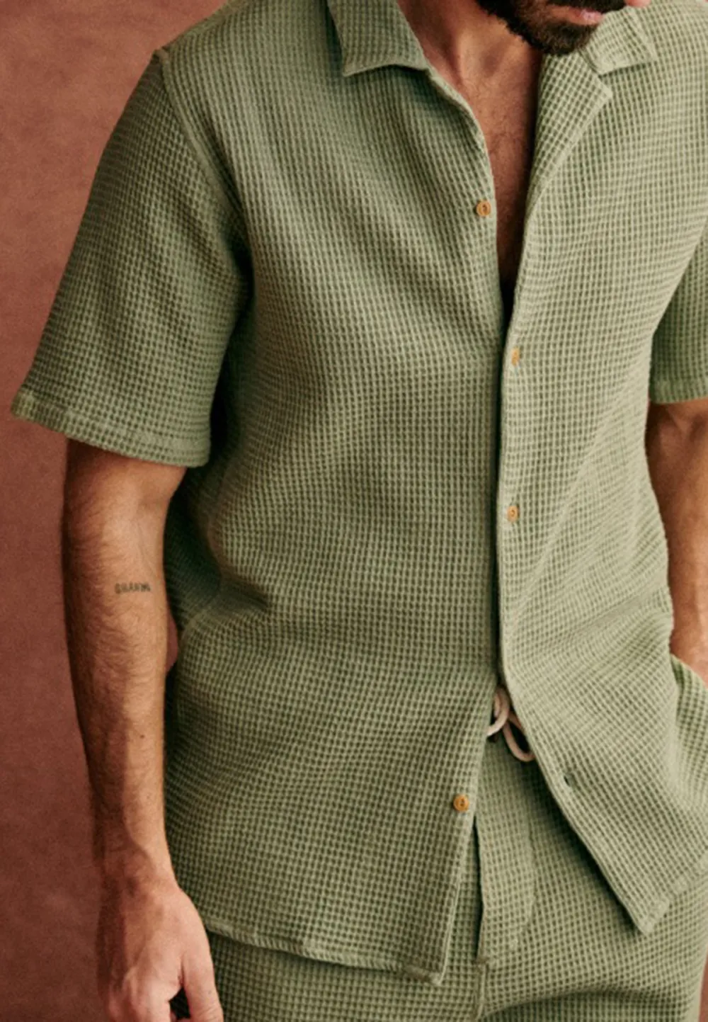Rust Red Seersucker Textured Short Sleeve Shirt