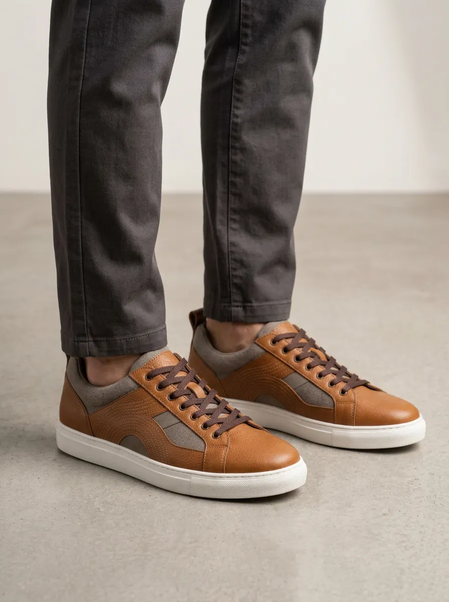 Men's Casual Leather Contrast Fabric Print Sneakers