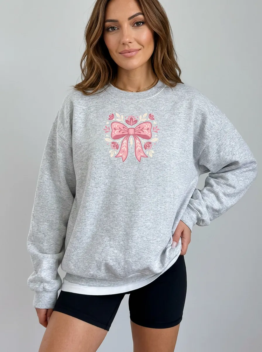 Women's Breast Cancer Awareness Pink Bow Floral Printed Sweatshirt