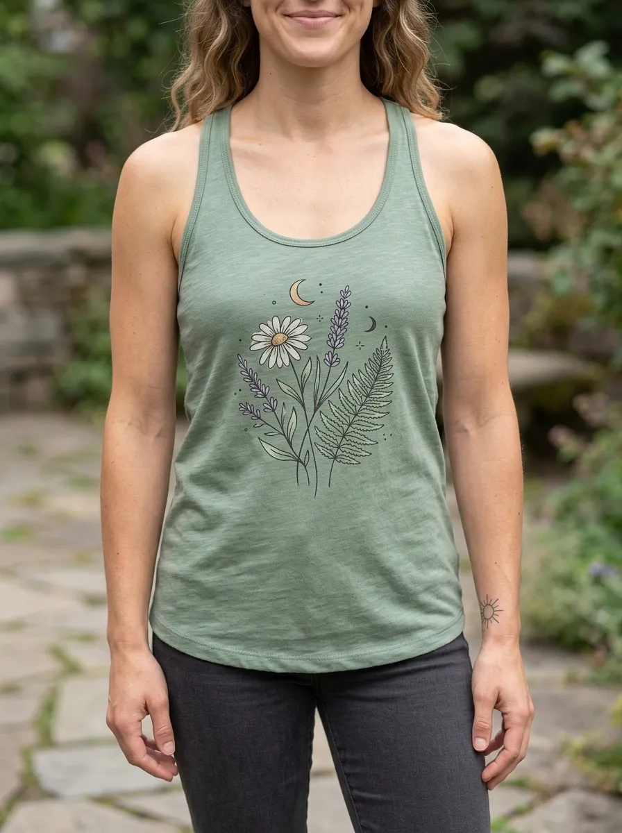 Women's Botanical Nature Lover Daisy Lavender Fern Printed Tank Top