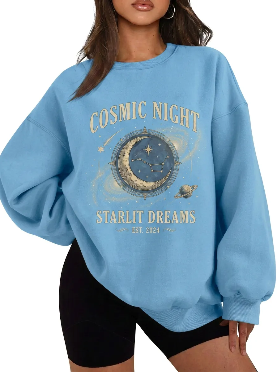 Women's Cosmic Night Starlit Dreams Moon Planet Printed T-shirt