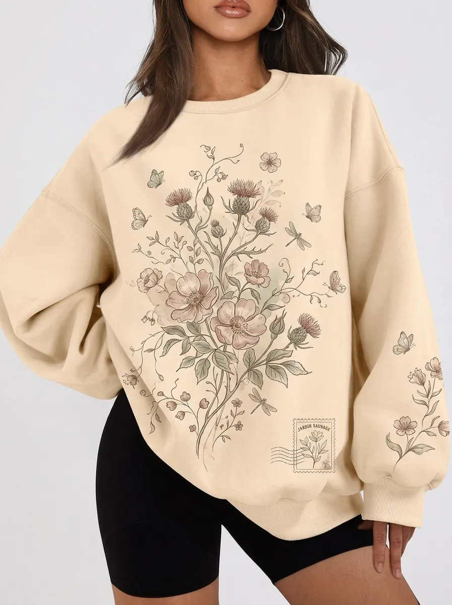 Women's Botanical Wildflower Butterfly Printed Sweatshirt