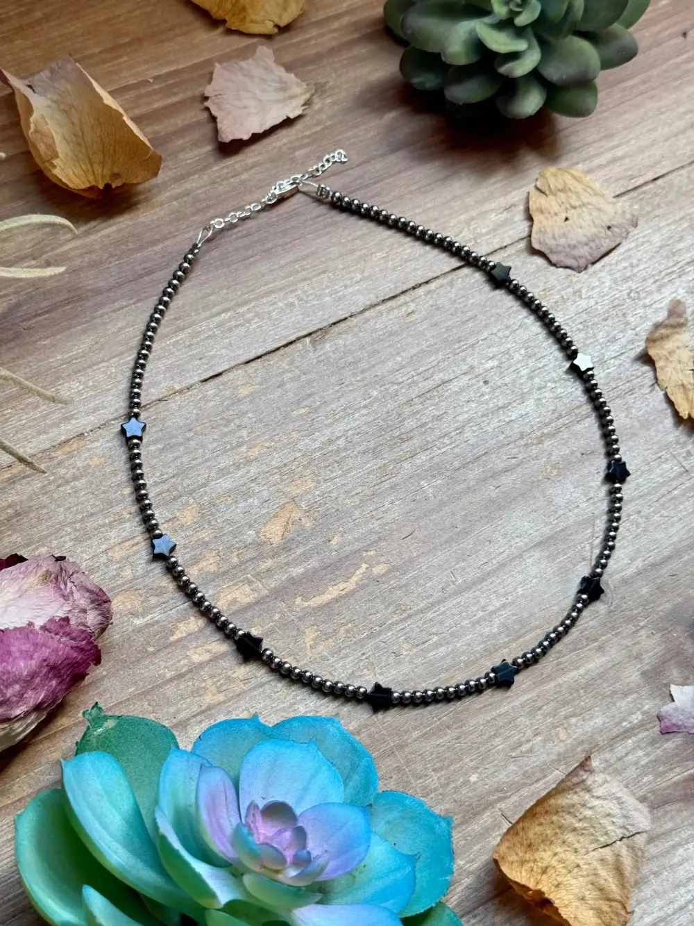 Star Chain Beaded Onyx Sterling Silver Necklace