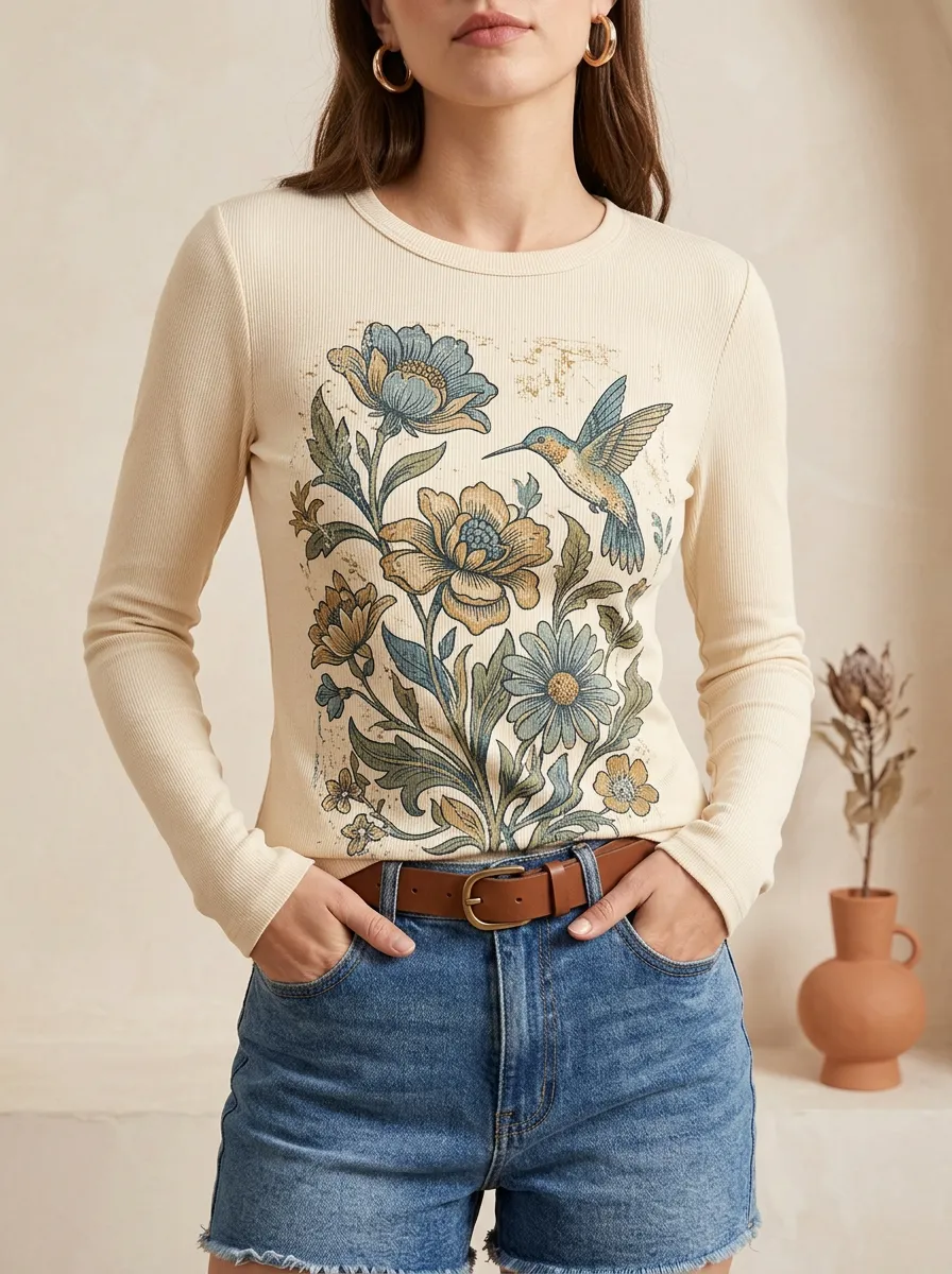 Vintage Nature Lover Hummingbird Floral Long Sleeve Top