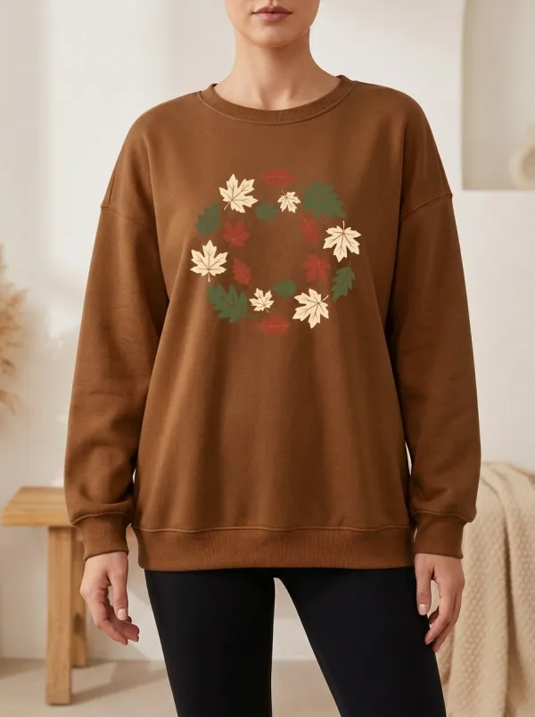 Textured Maple-Leaf Printed Leaf-Motif Graphic Sweatshirt