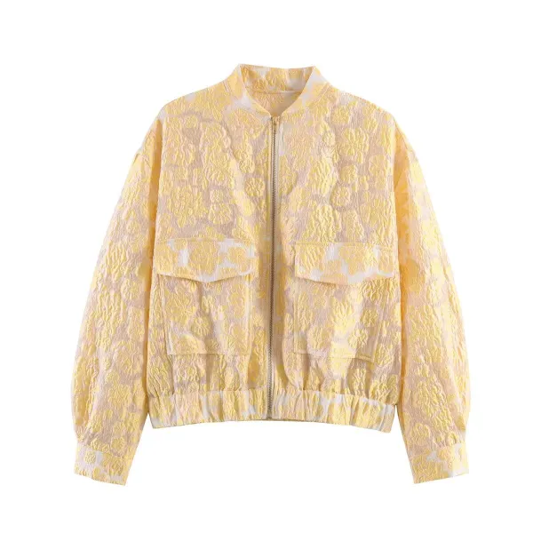 Quilted Floral Detail Flap Pocket Elastic Hem Bomber Jacket