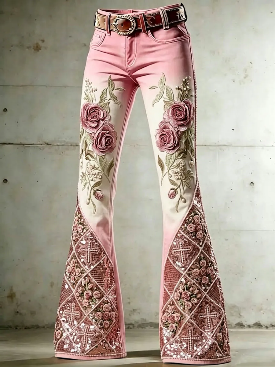 Women'S Flower Cross Patterned Flared Pants