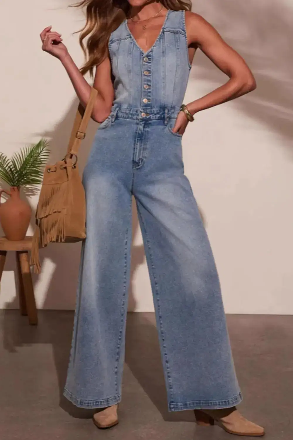 V Neck Wide Leg Jumpsuit Denim Pants