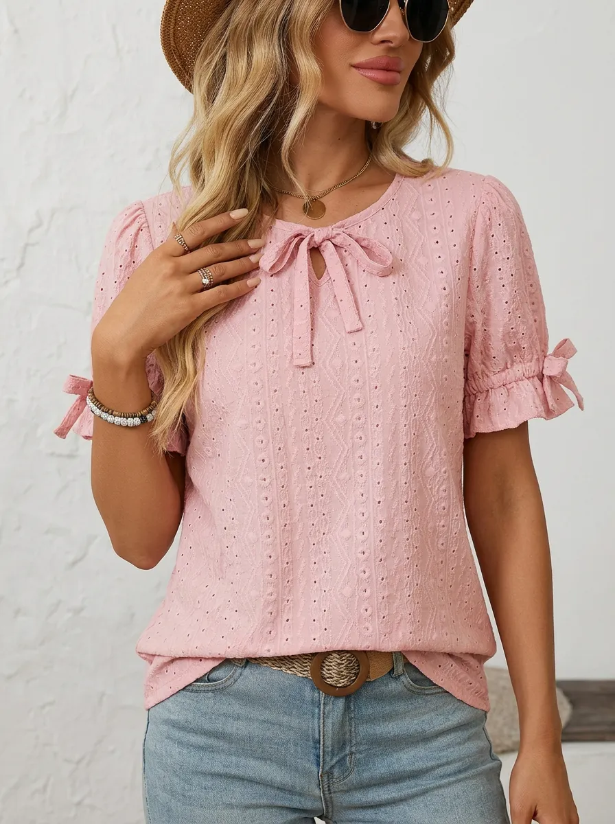 Women's Pink Bow Tie Eyelet Embroidered Short Sleeve Top