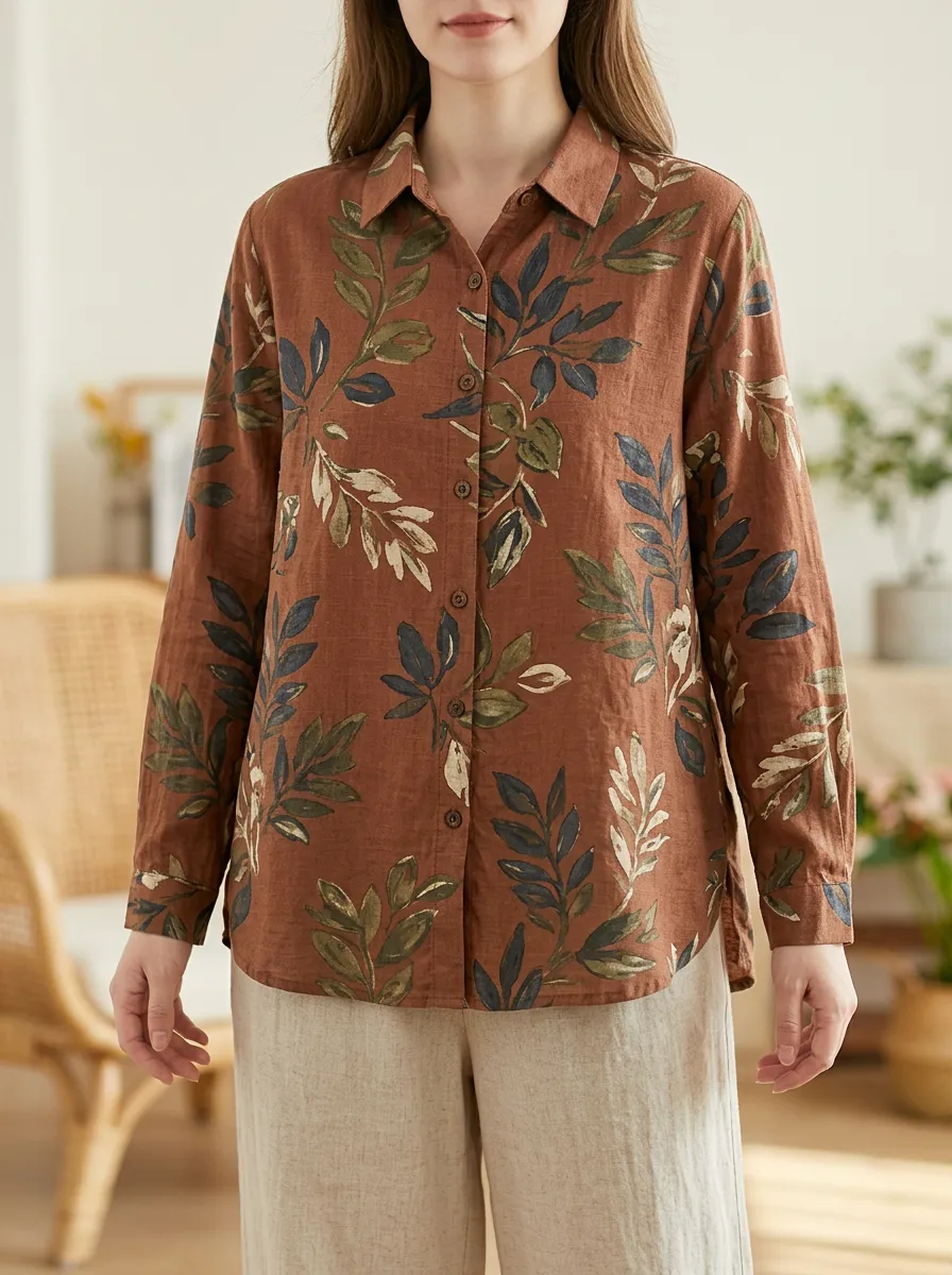 Women's Botanical Nature Lover Brown Leaves Printed Shirt