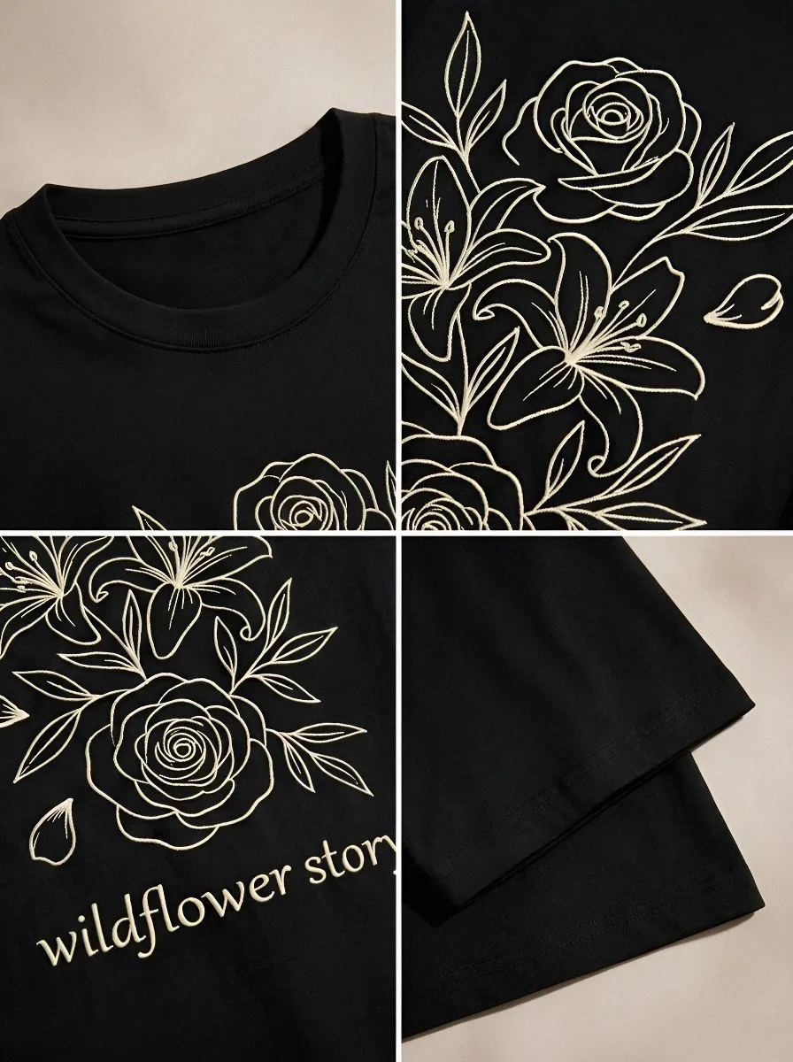 Women's Nature Lover Wildflower Story Floral Line Art Printed T-shirt