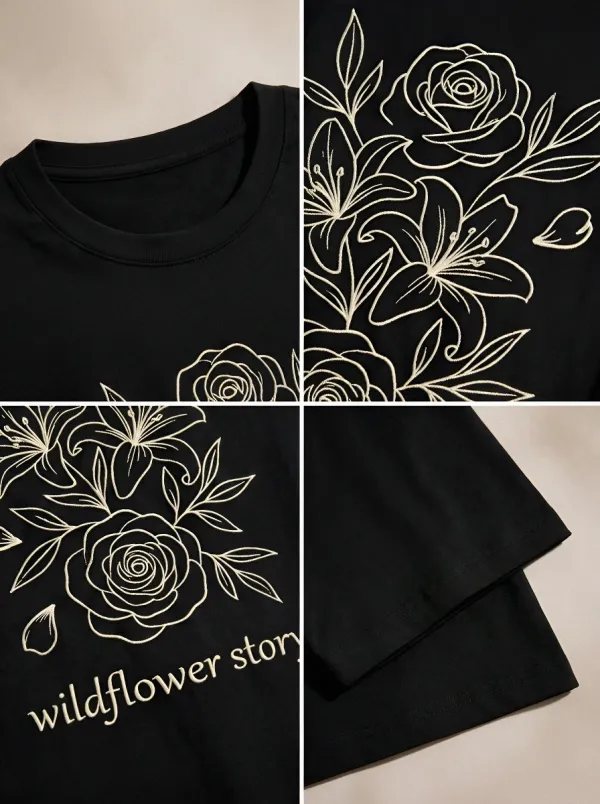 Women's Nature Lover Wildflower Story Floral Line Art Printed T-shirt