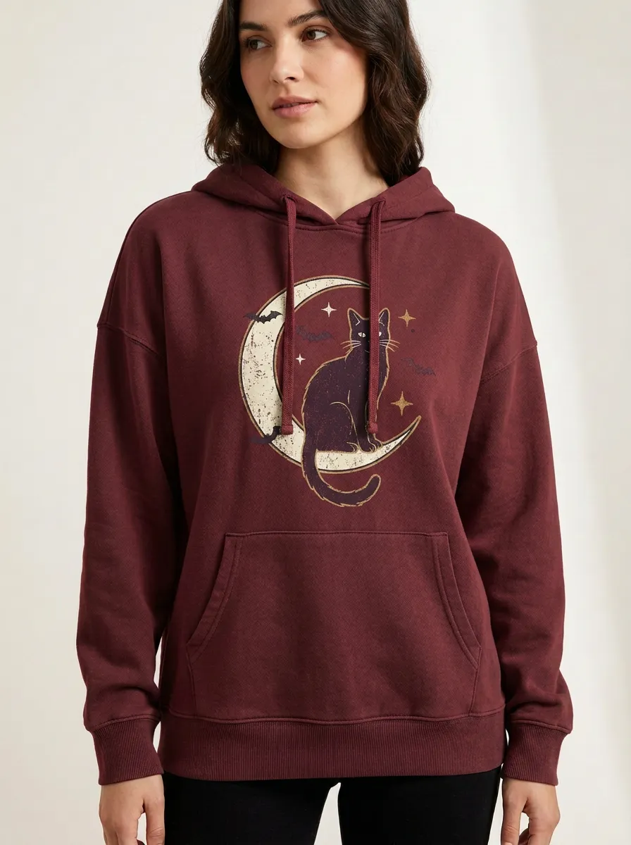Women's Halloween Black Cat Moon Bats Printed Hoodie