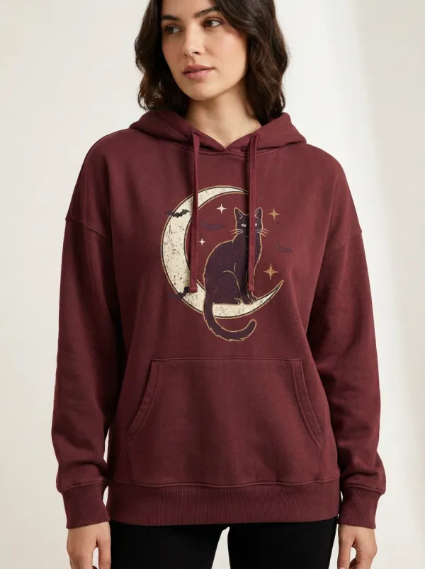 Women's Halloween Black Cat Moon Bats Printed Hoodie