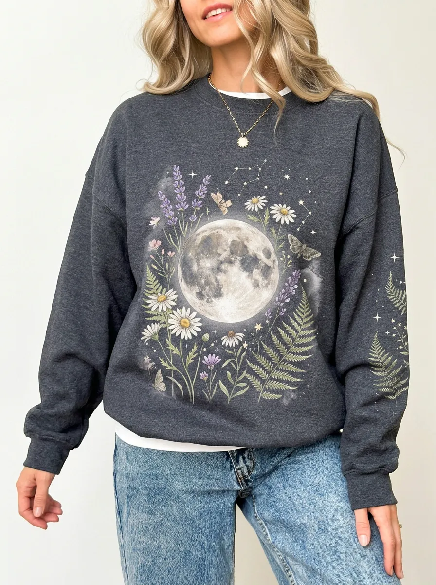 Women's Celestial Nature Lover Moon Floral Fern Printed Sweatshirt