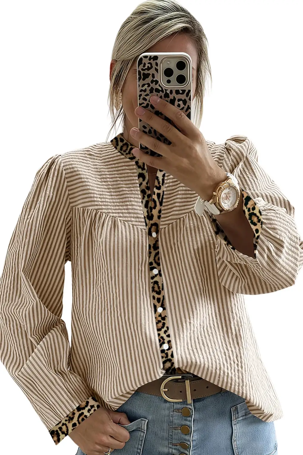 Striped Leopard Print Patchwork Shirt Blouse