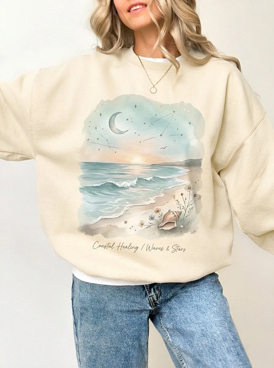 Women's Coastal Beach Lover Moon Waves Seashell Printed Sweatshirt
