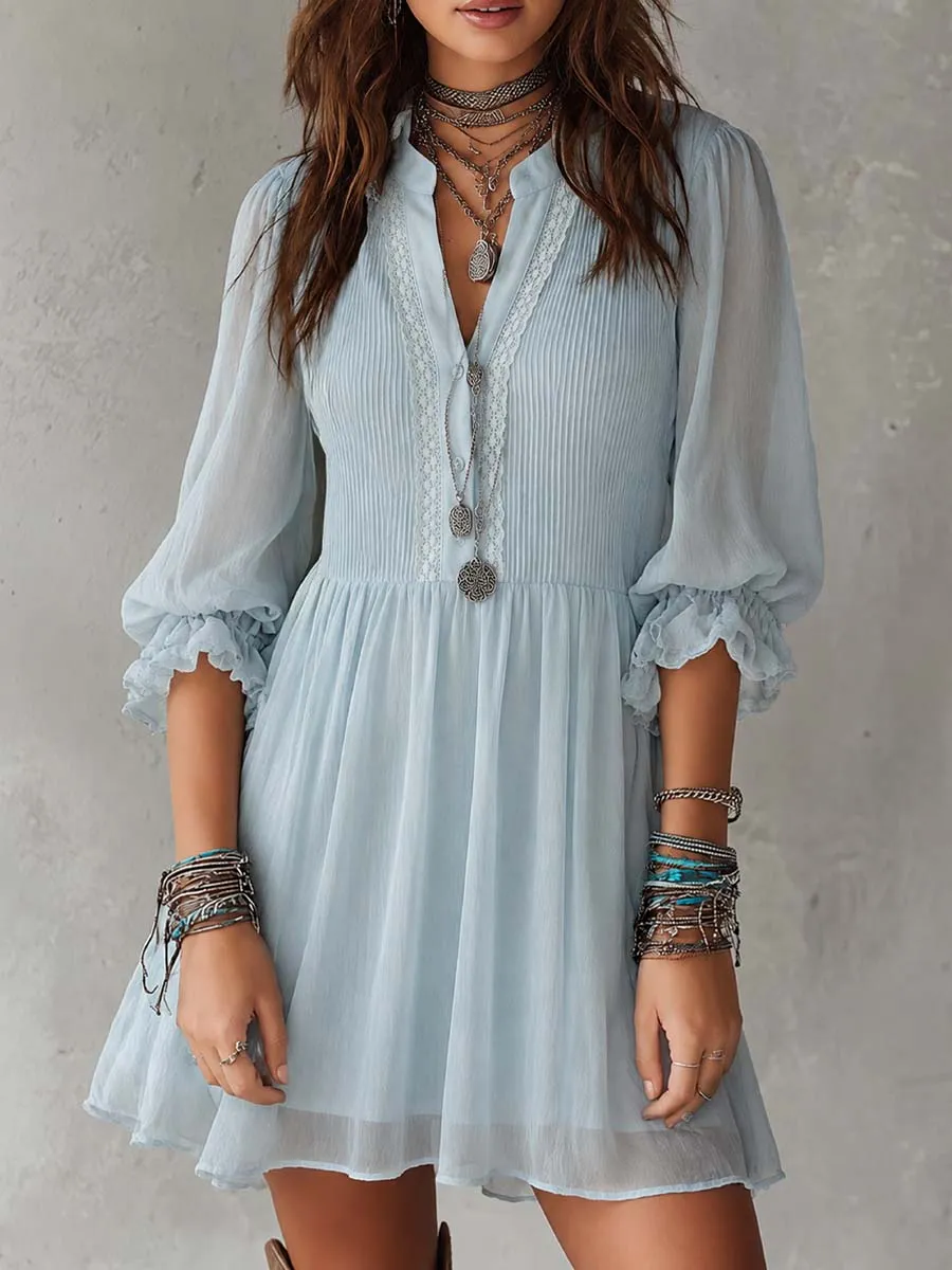 Retro Short-sleeved Ruffle Cuffs Chiffon Mini Dress