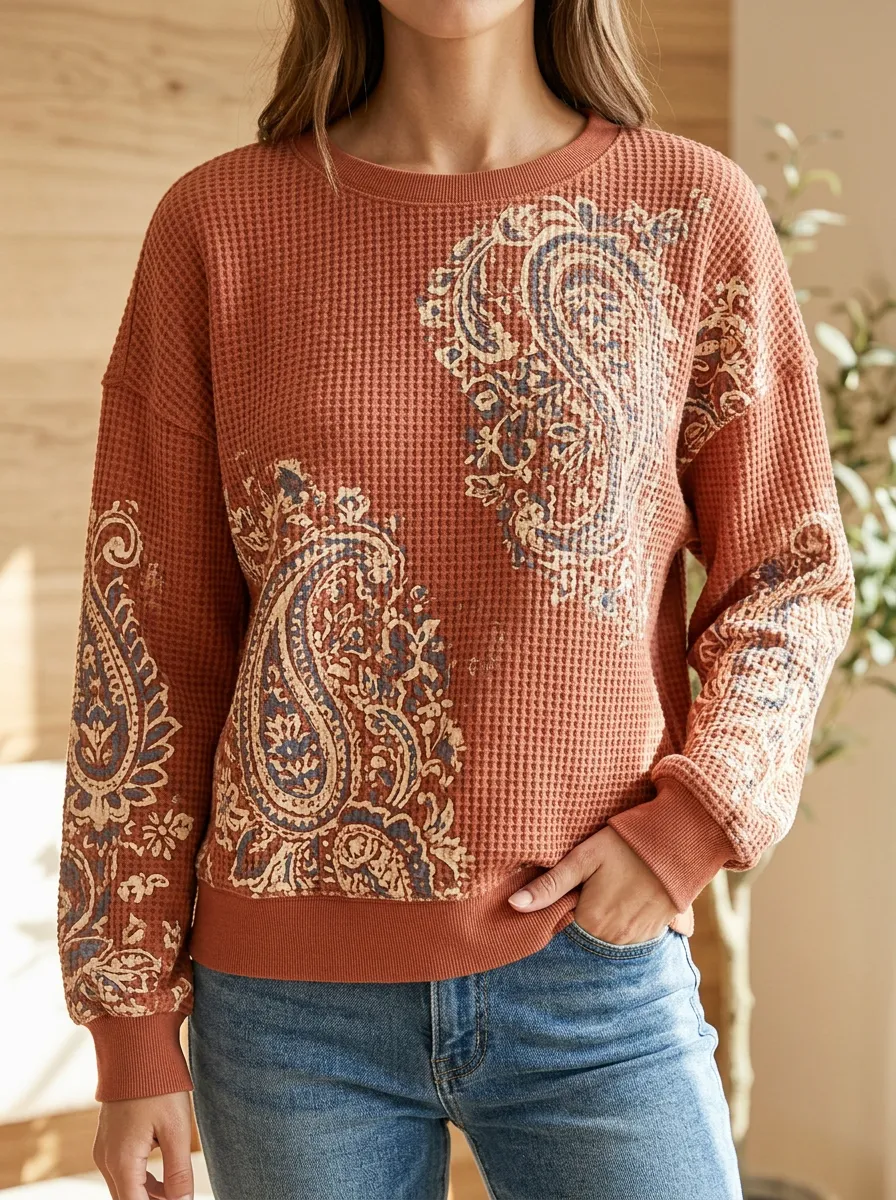 Women's Art-Inspired Boho Paisley Pattern Waffle Knit Crewneck Sweatshirt
