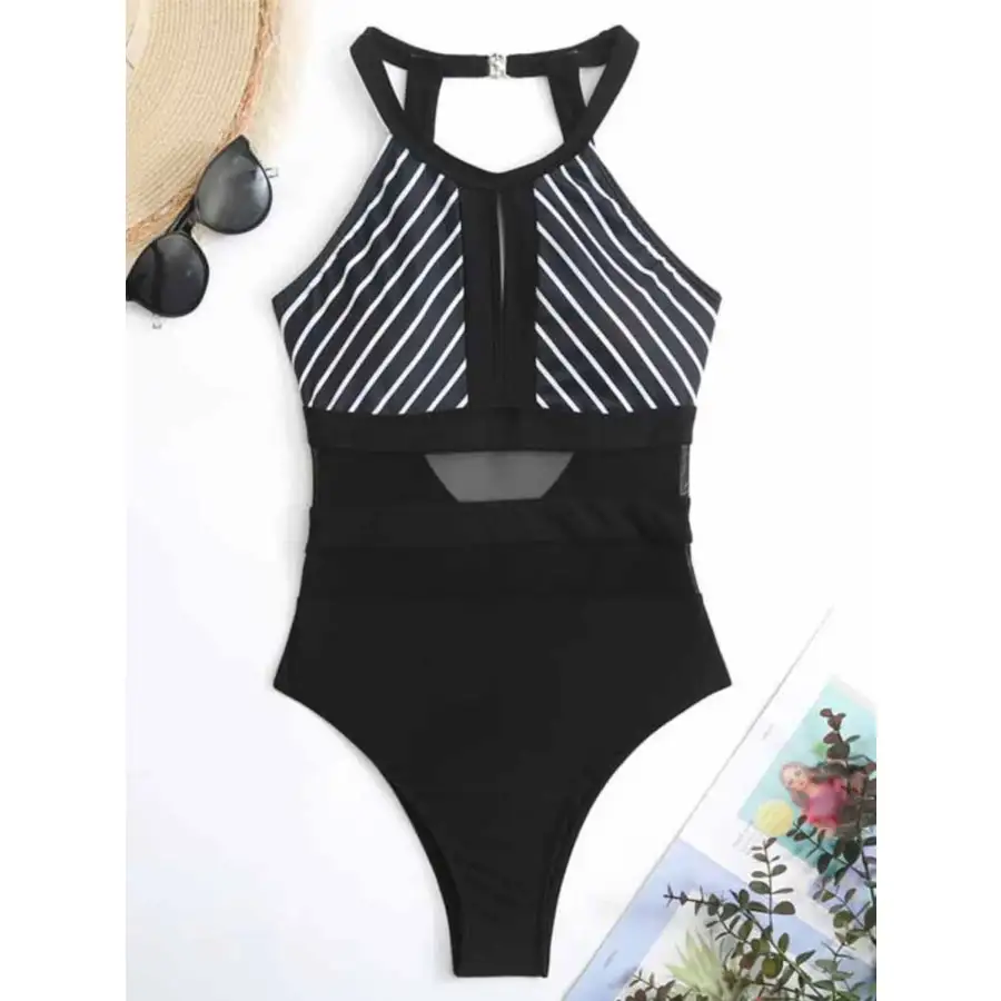 Women's Backless Mesh Striped One-Piece Swimsuit