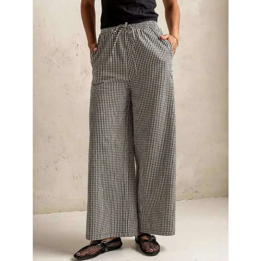 Gingham Print Wide Leg Casual Pants
