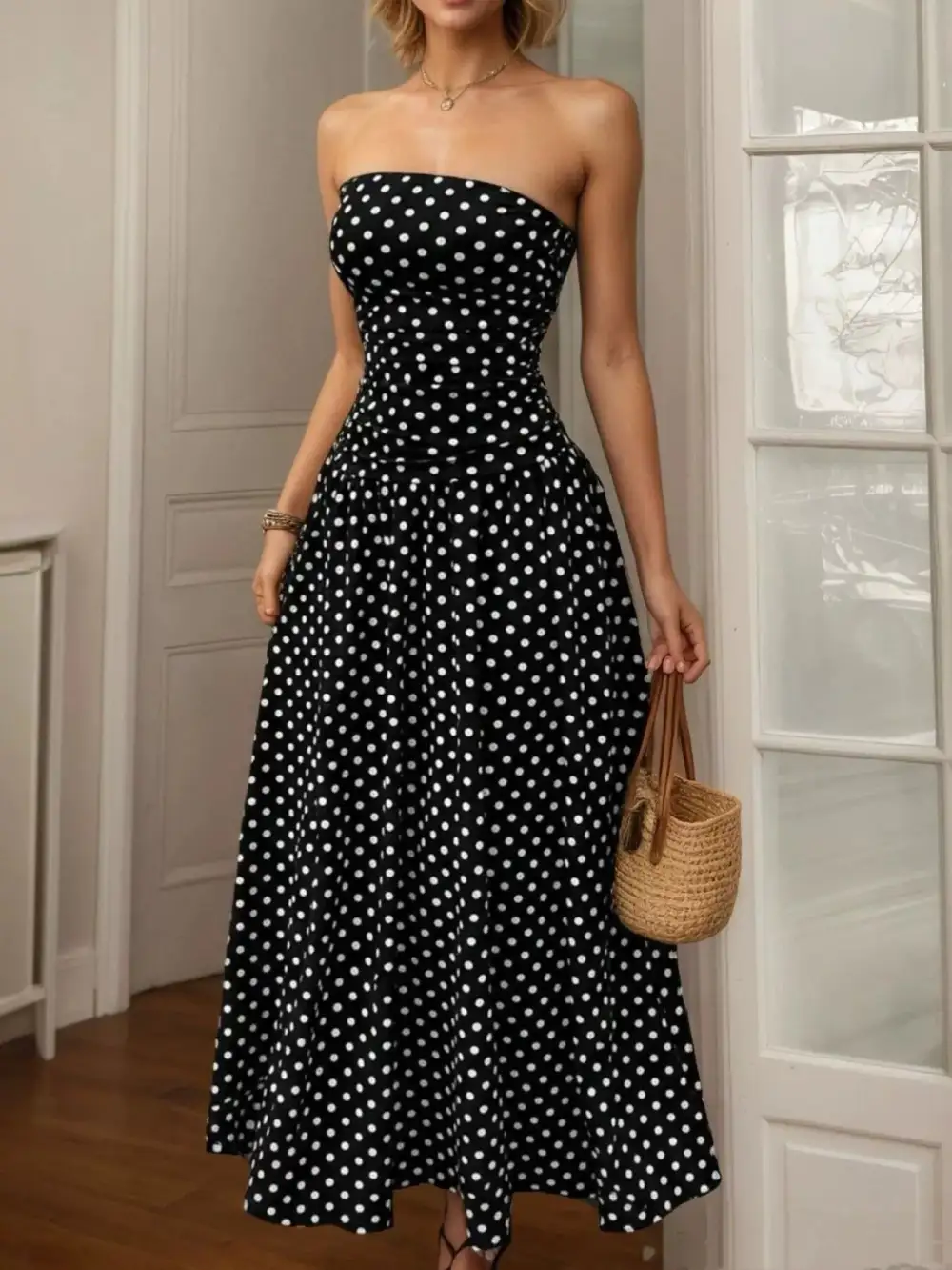 Strapless Polka-Dot Maxi Dress