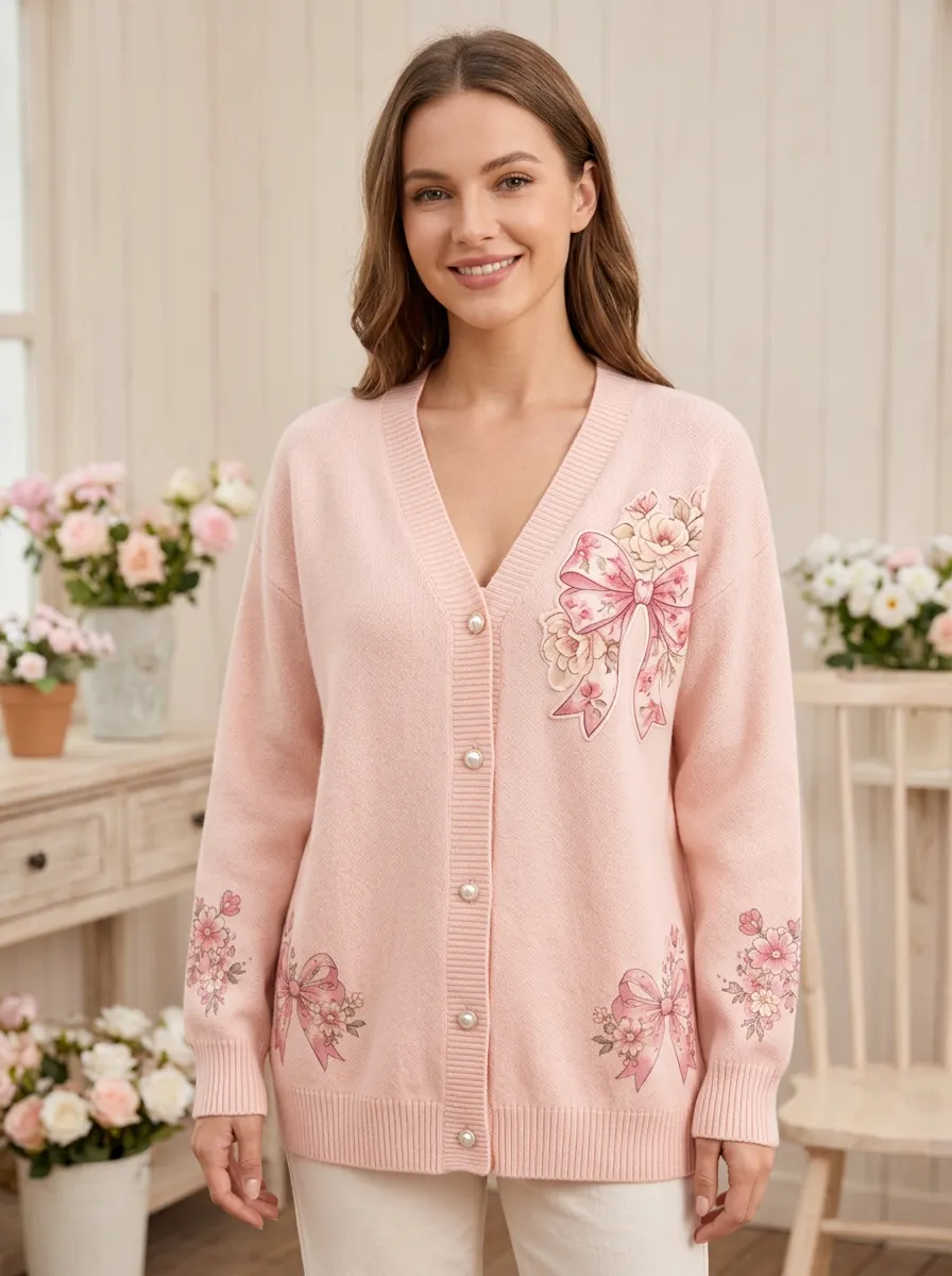 Women's Delicate Floral Ribbon Bow Romantic Printed Cardigan