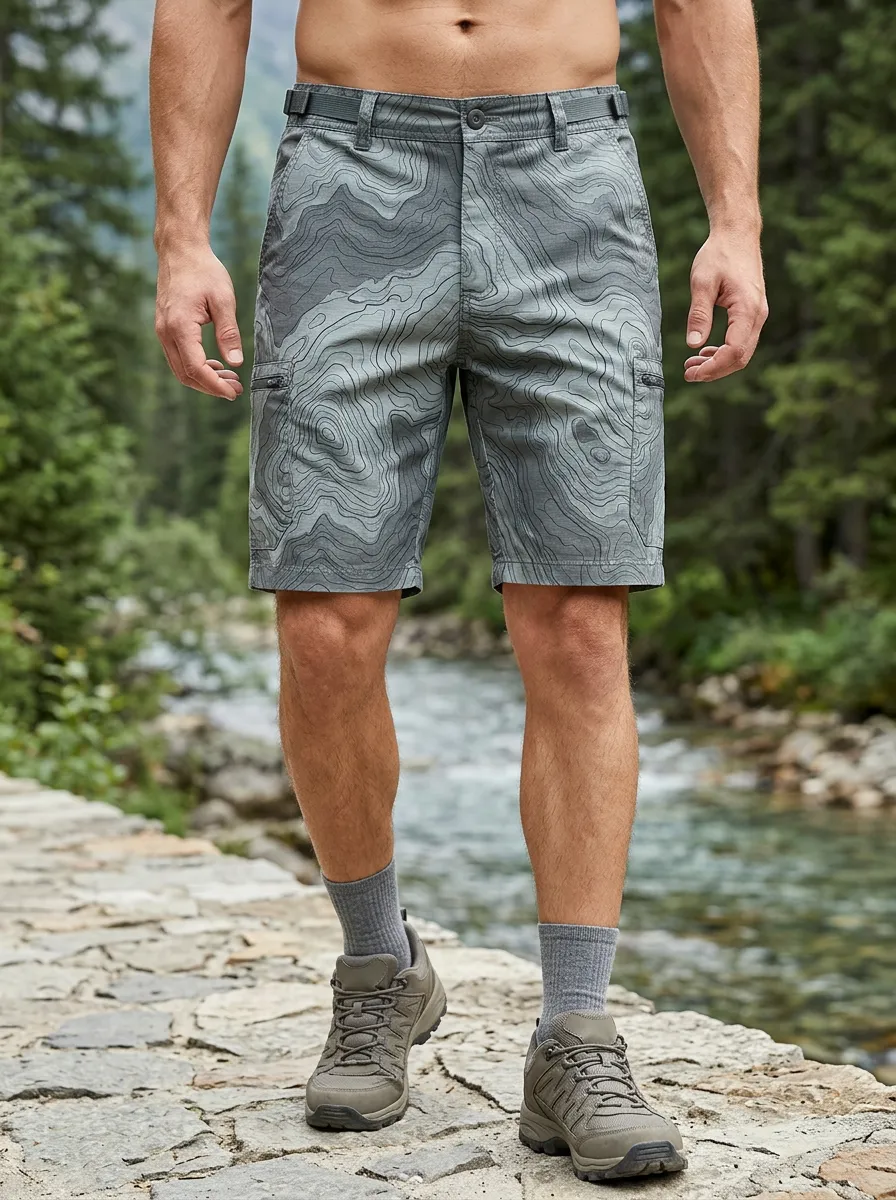 Men's Casual Hiking Outdoor Topographic Map Cargo Shorts