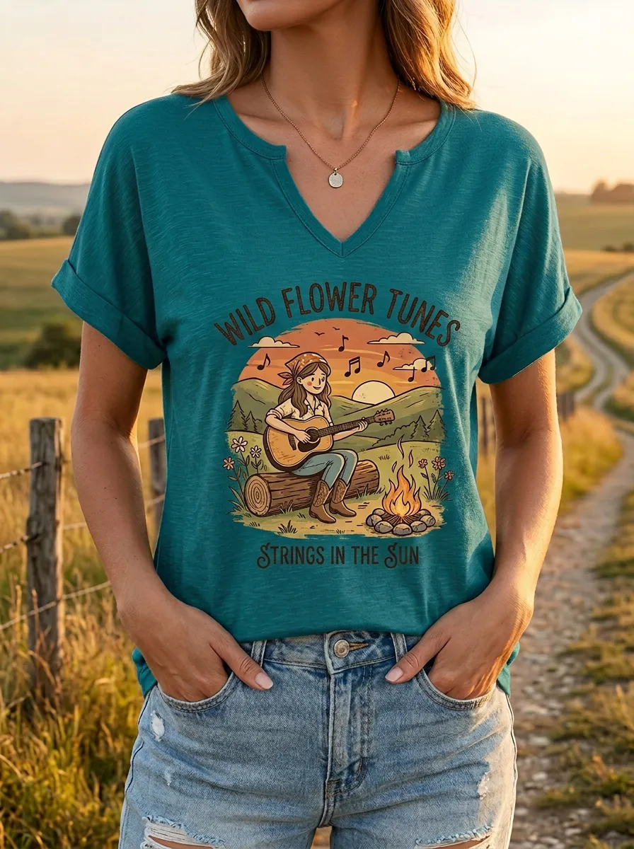 Guitar Campfire Women's Country Music V-Neck T-Shirt