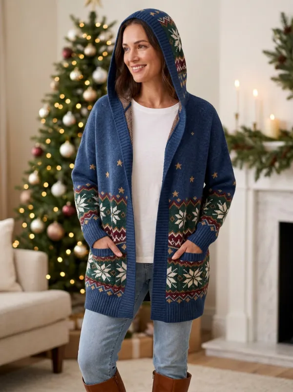 Christmas Snowflake Fair Isle Pattern Print Hooded Cardigan